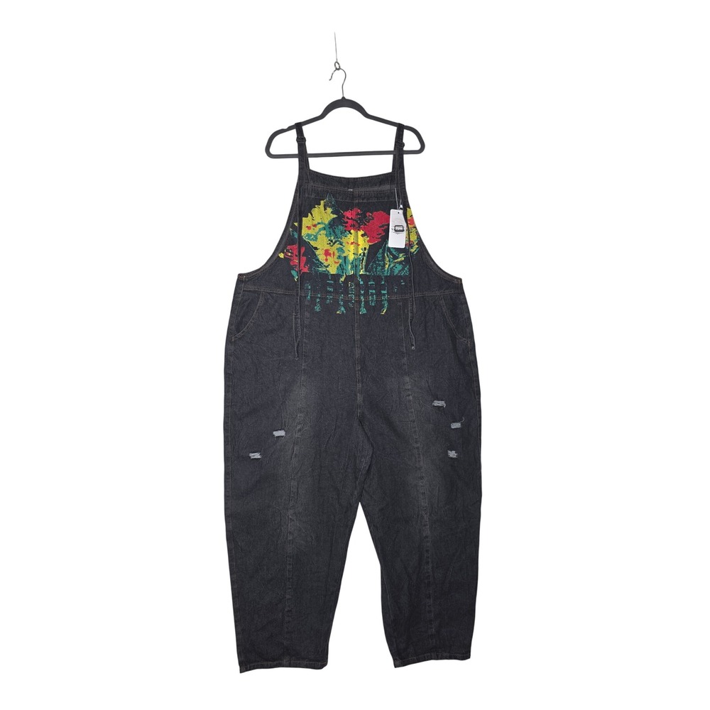 Black Denim Baggy Overalls Floral Graphic Distressed Bib Dungarees 3XL NEW YESNo